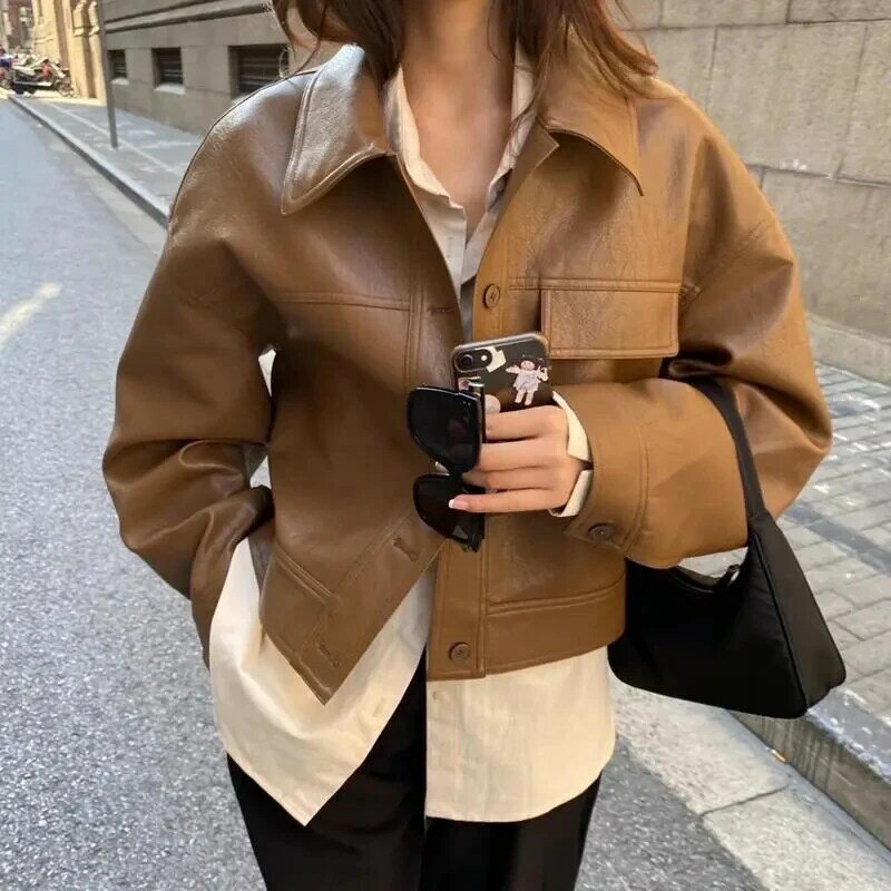 Y2K Autumn Pu Leather Jacket Women Korean High Quality Chic Streetwear Long Sleeve Coats Winter Turndown Collar Pocket Outerwear