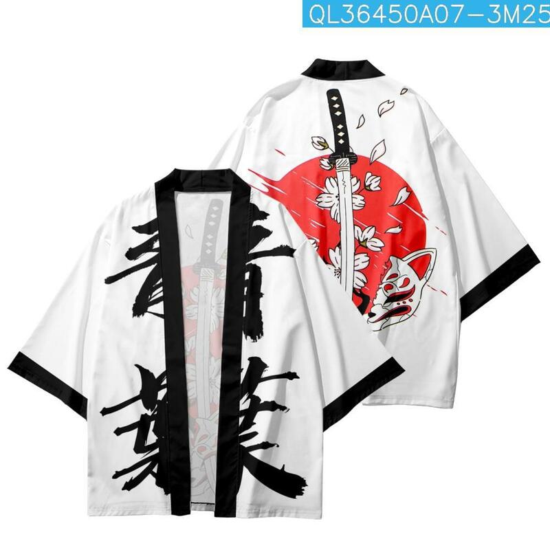 Japońskie kimono damskie Harajuku japońskie koszule haftowane lisa bluzki luźne topy na co dzień bluzki Kimono Cosplay Kimono mężczyzna Cardiga