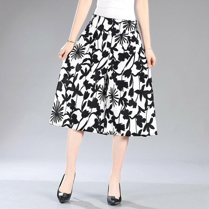 Calça feminina casual plissada de perna larga cortada, roupa de verão, fina, solta, cintura alta, elástica, calça estampada floral vintage