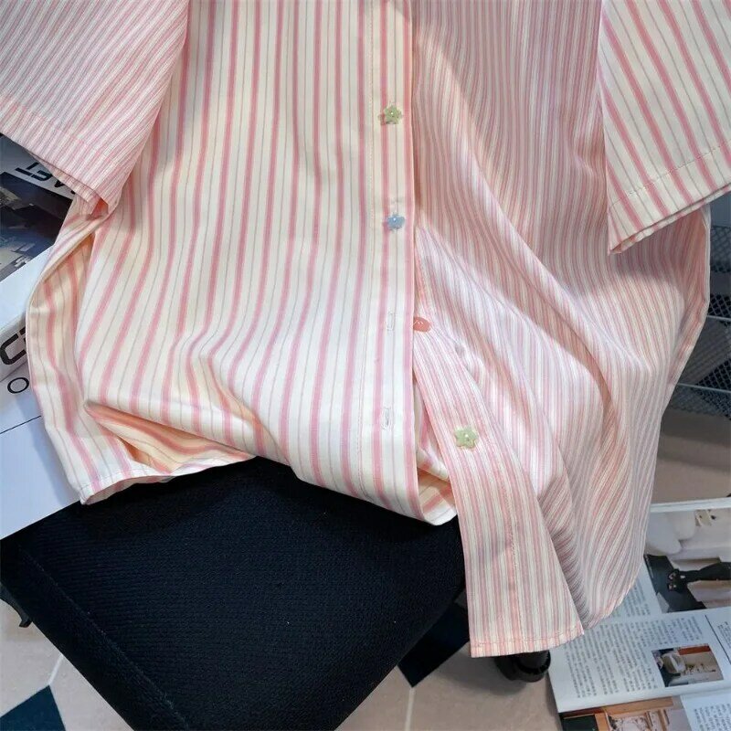 XEJ 여성용 카와이 셔츠, 핑크 스트라이프 셔츠, 우아한 시크 여성, 한국 패션, 오버사이즈 셔츠, 여름 2024