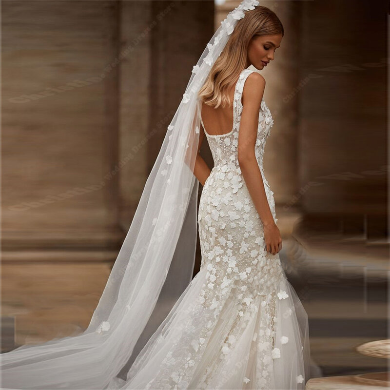 Elegant Sexy Sleeveless Wedding Dresses For Women Square Neck Mermaid Bridal Gowns Mopping Length Boho Ball Vestidos De Noivas