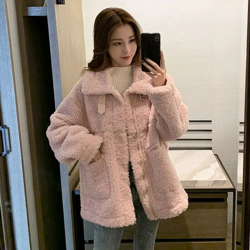 Cool Girl Punk Style Leather 2023 Autumn Winter Motorcycle Suit Imitation Mink Plush Jacket with Leather Buckle and Fur Coat