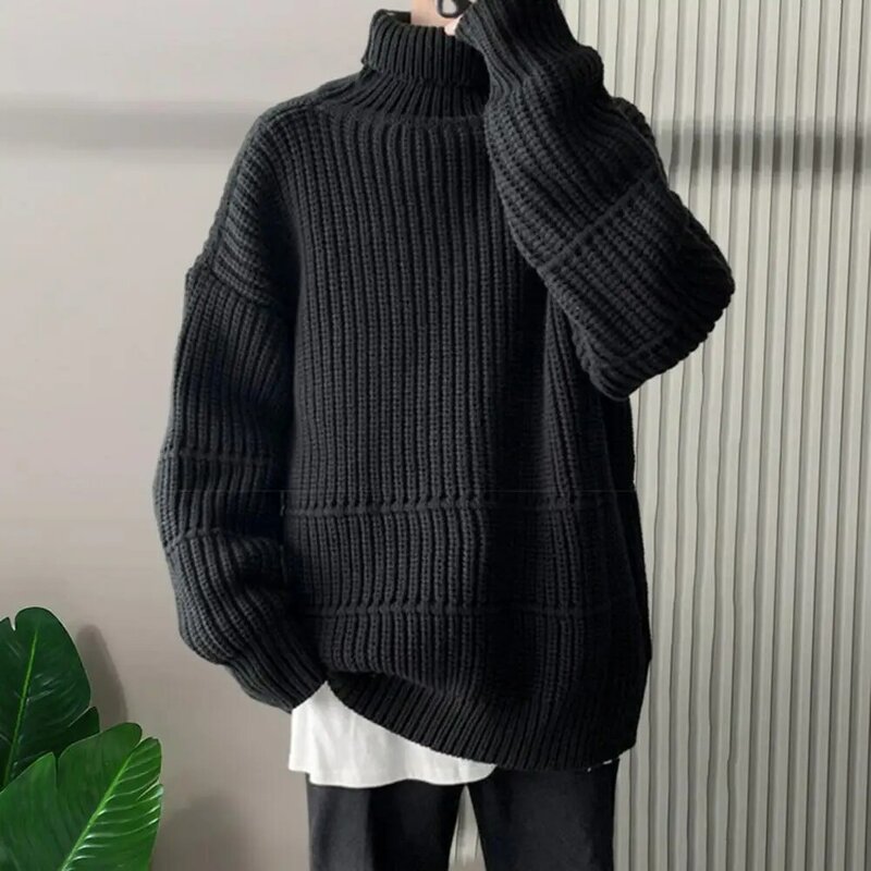 Sweater rajut kerah tinggi pria, Sweater Pullover lembut Anti susut hangat elastis, Sweater rajut pelindung leher tinggi musim gugur untuk pria