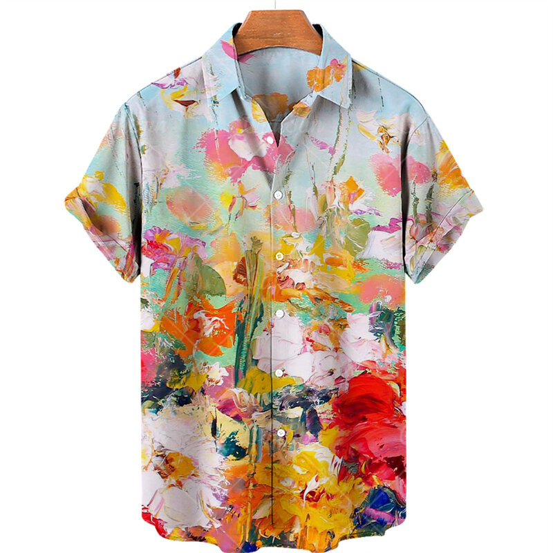 قميص هاواي كبير الحجم للرجال ، نمط اللوحة زهرة ، أعلى تنفس ، ملابس عادية ، تصميم جديد ، الشاطئ ، عطلة ، الصيف