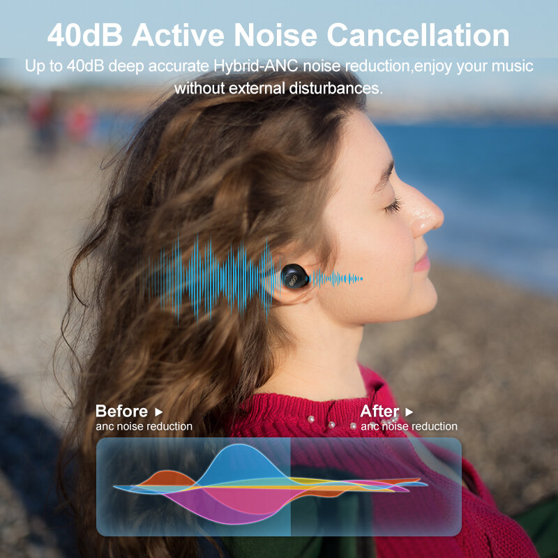 QCY HT07 ANC earphone nirkabel 40dB, earbud TWS 6 Mic AI panggilan HD Bluetooth 5.2 dengan pemutaran 32 jam