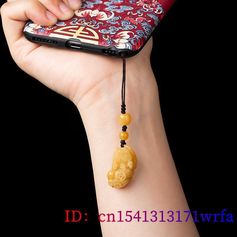 Yellow Natural Jade Pixiu Keychain Strap Luxury Phone Charm Cute Gift Gifts for Women Men Designer Real Jewelry Bag Charm
