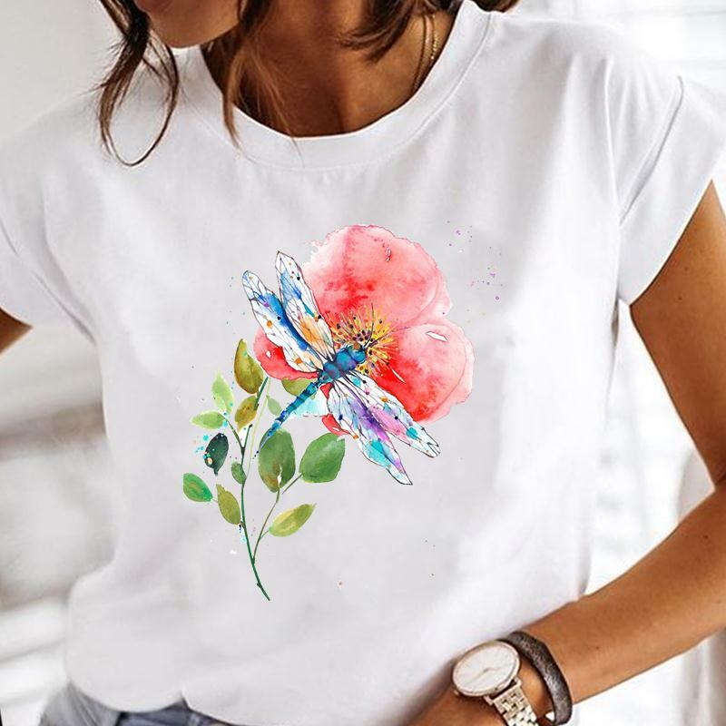 Pakaian Cetak Wanita T-Shirt Atasan Wanita Cinta Capung Cat Air Dandelion T-Shirt Grafis Wanita Kartun Print Mode