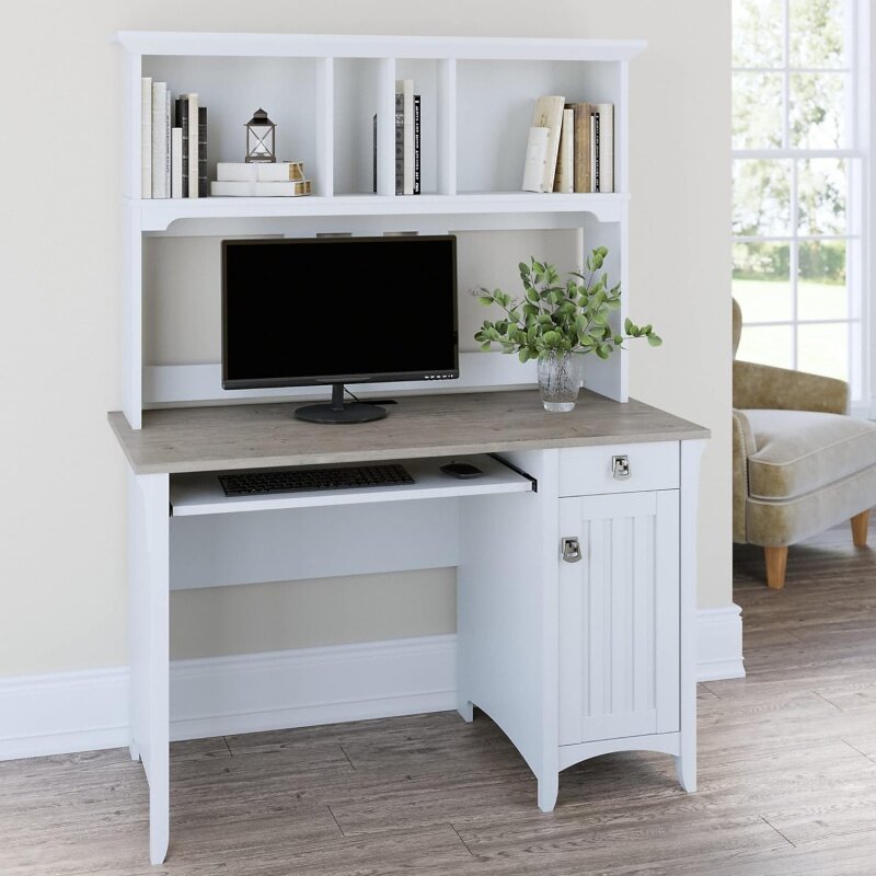 SadFurniture-Petit bureau d'ordinateur avec huche, blanc pur et gris Shiplap, Salinas