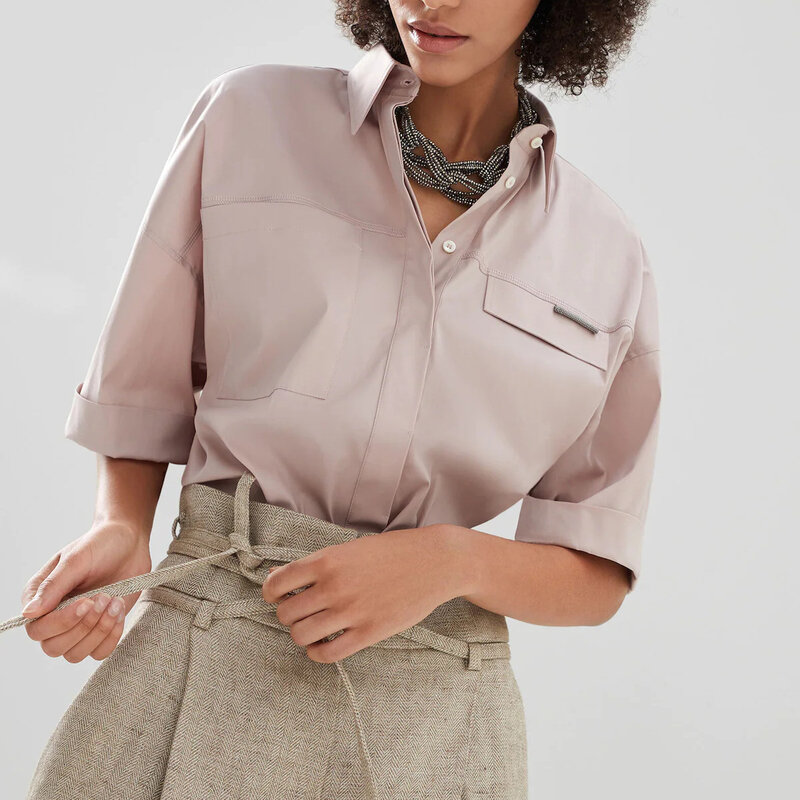 Blusa informal de manga corta para mujer, camisa con cadena de cuentas, cuello vuelto, Color sólido, primavera y verano, 2024