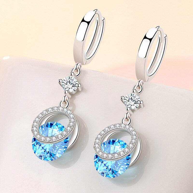 KOFSAC Creative Trendy Style Jewelry Blue Crystal White Zircon Round Drop Earrings Luxury 925 Sterling Silver Earring For Women