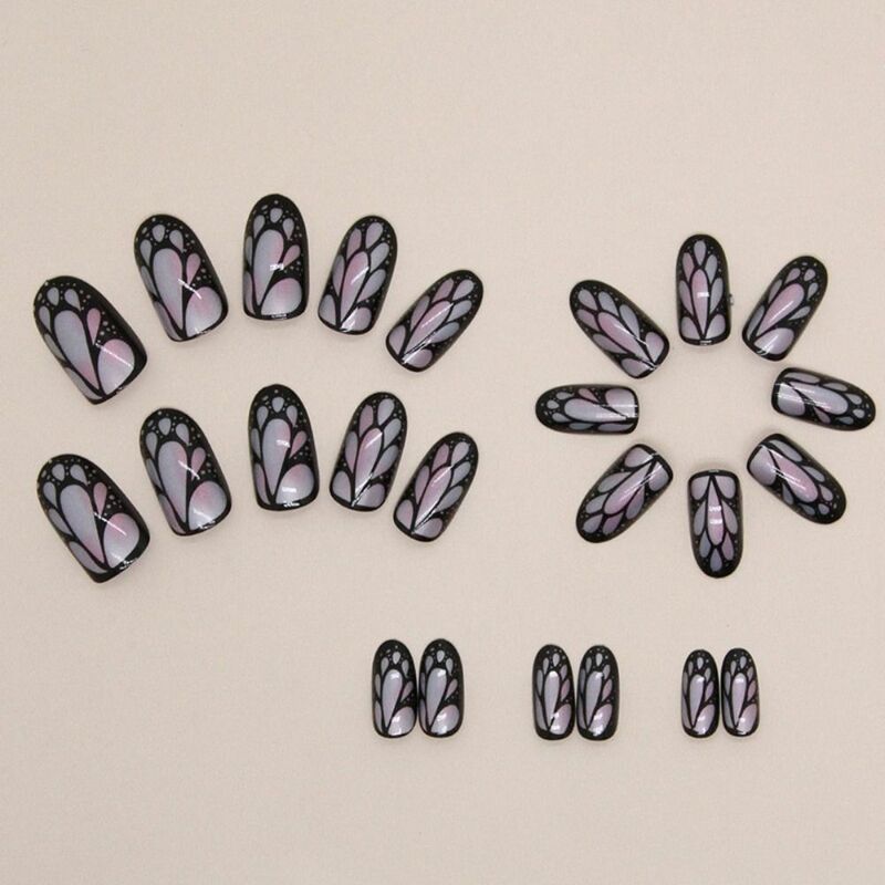 24pc Almond False Nails Gradient Pink French Aurora Butterfly flower Press on Nails Fake Nails DIY Manicure Detachable Nail Tips