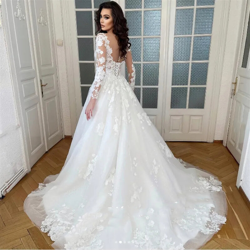 Lindo Long Sleeved Mopping The Floor Beach Wedding Dresses Novo 2023 Spring A Line V Neck Lace Sheer Top Sexy Boho Bridal Gown