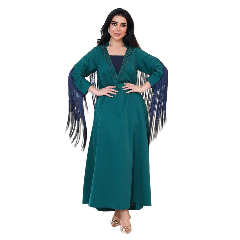 Vestido de noite feminino com lantejoulas e borla, Kaftan verde, Eid Ramadan, Marrocos, Jalabiya, muçulmano, Abaya, festa, moda