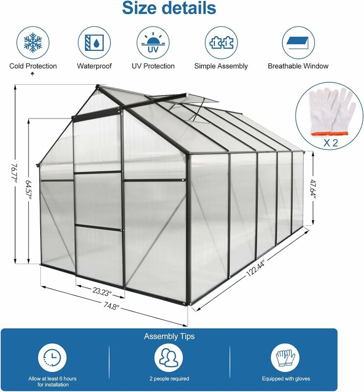 슬라이딩 문짝 및 조절식 통풍구 창이 있는 하이브리드 폴리카보네이트 온실, 워크 인 취미, 알루미늄 헤비 듀티 핫 하우스, 6x10 FT