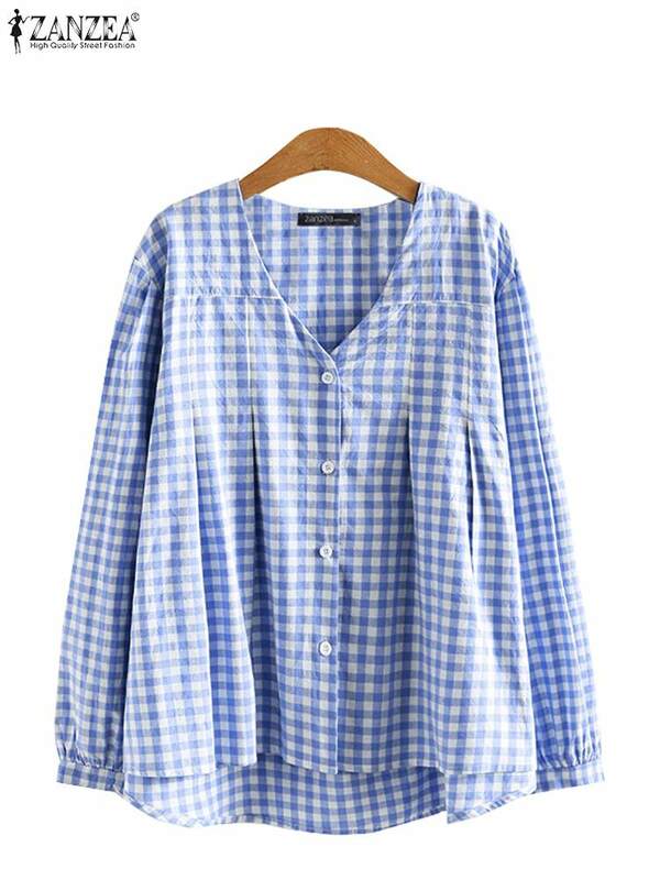 ZANZEA wiosna moda V dekolt z długim rękawem koszula Casual Vintage kratka sprawdzona bluzka damska wakacyjne topy kobiece guziki w dół bluzy