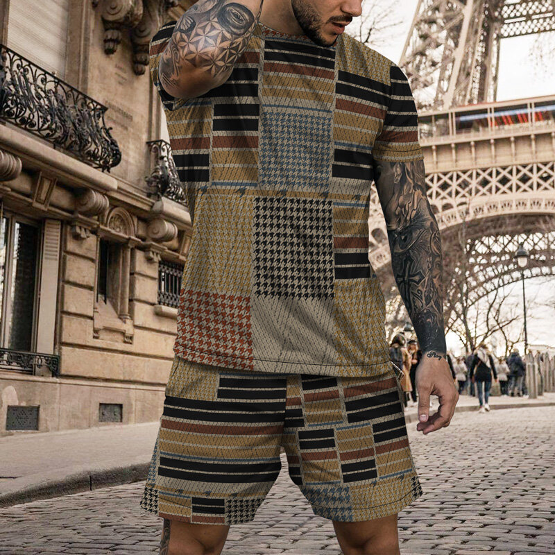 2023 Summer Two Piece Men Sets Fashion Casual Short Sleeve T-shirts Short Outfits Streetwear Vintage Geometric Patterns Printed