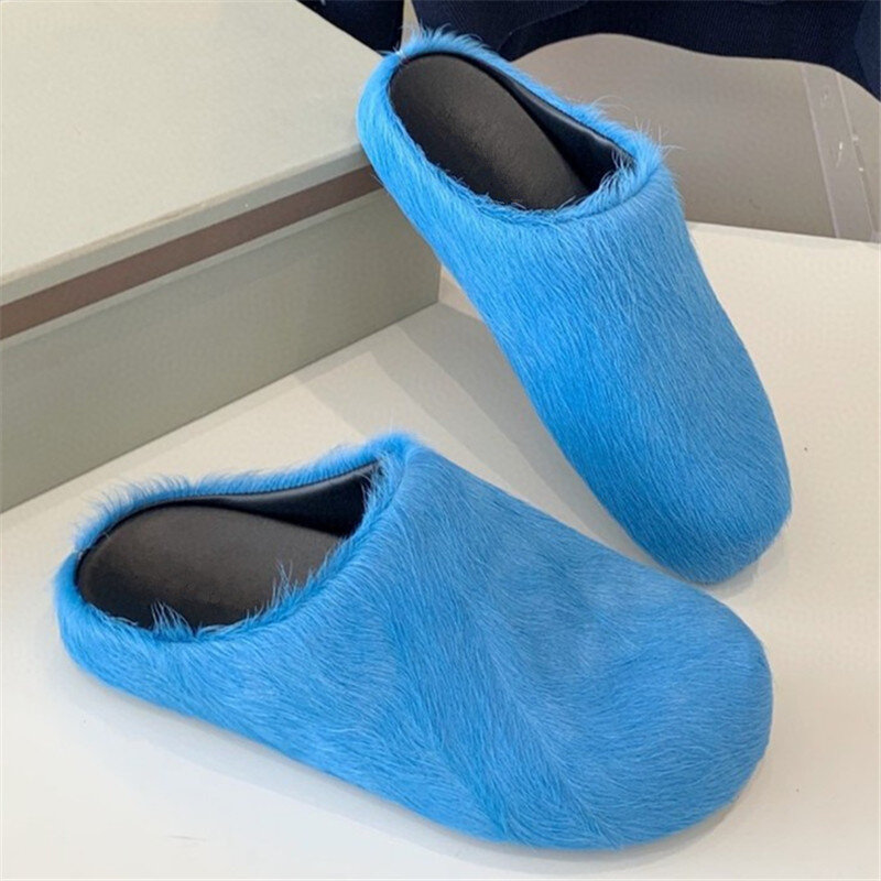 Real Leather Fur Slippers Woman Luxury Flat Solid Color Horse Hair Round Toe Covered Toe Shoes Woman Designer Brand Casual Shoes