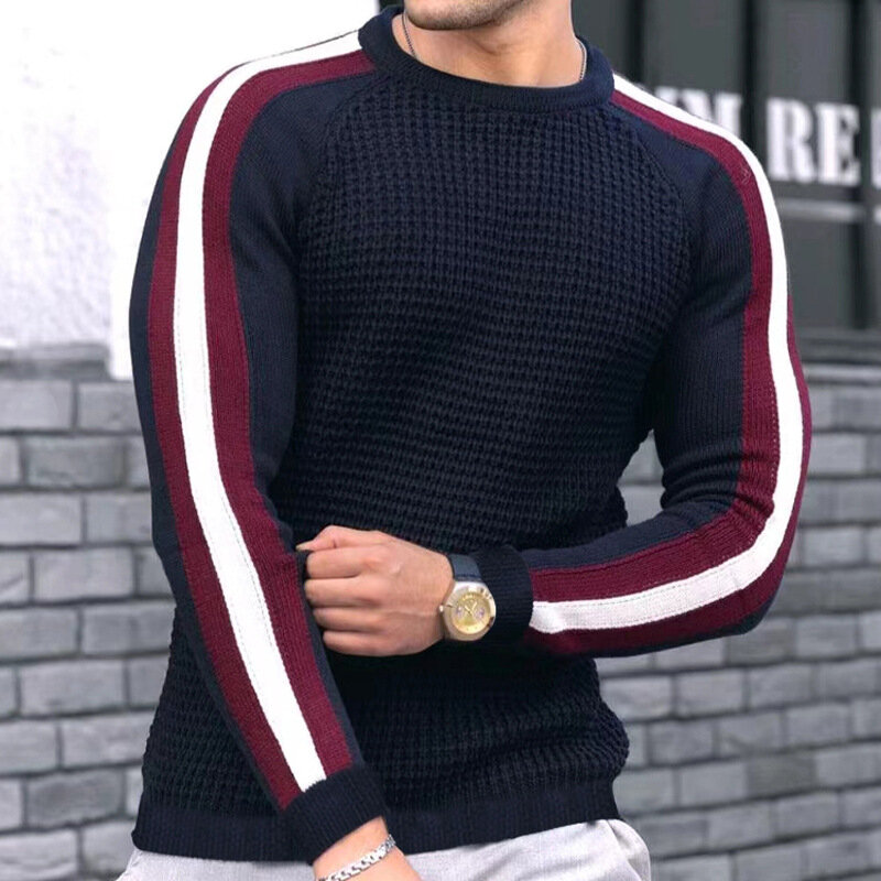 Camiseta de cuello redondo con contraste para hombre, camisa de punto suelta informal, ajustada, Color sólido, Top de moda