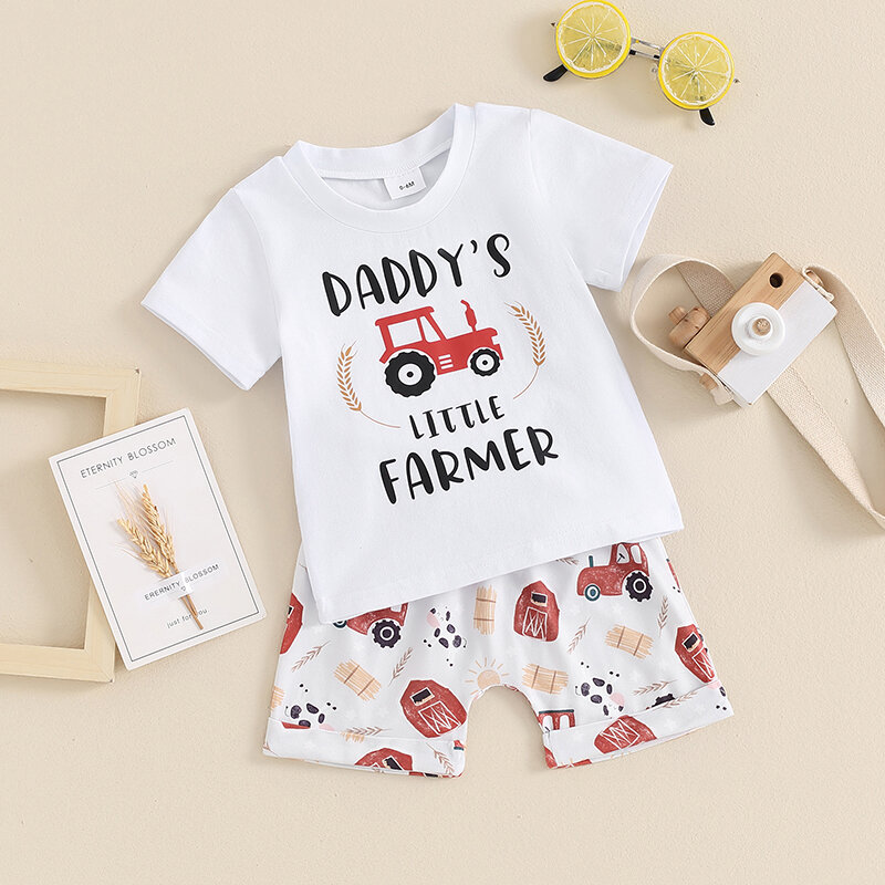 Set pakaian peternakan bayi laki-laki, baju lengan pendek dan celana pendek musim panas untuk bayi balita laki-laki