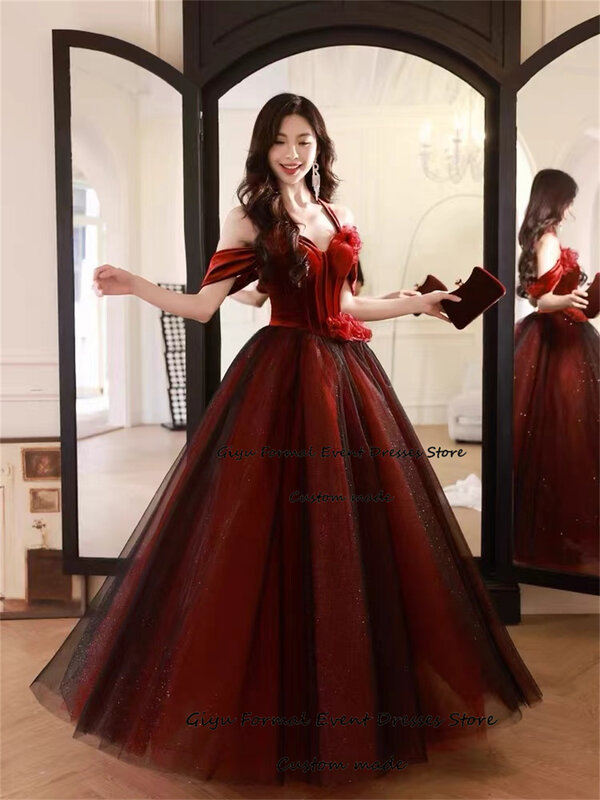 Giyu-Vestidos de Noche de línea A con flores en 3D, vestido brillante de tul, vino borgoña, boda coreana, Photoshooot, ocasión Formal