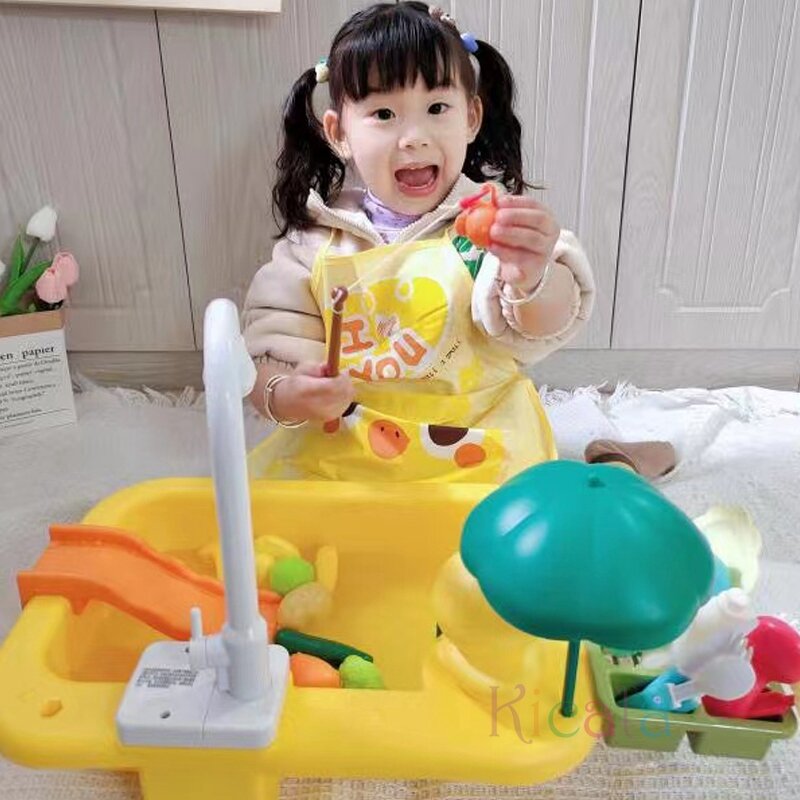 Kids Kitchen Sink Toys Electric Dishwasher Playing Toy With Running Water Pretend Play Food Fishing Toy Role Playing Girls Gift