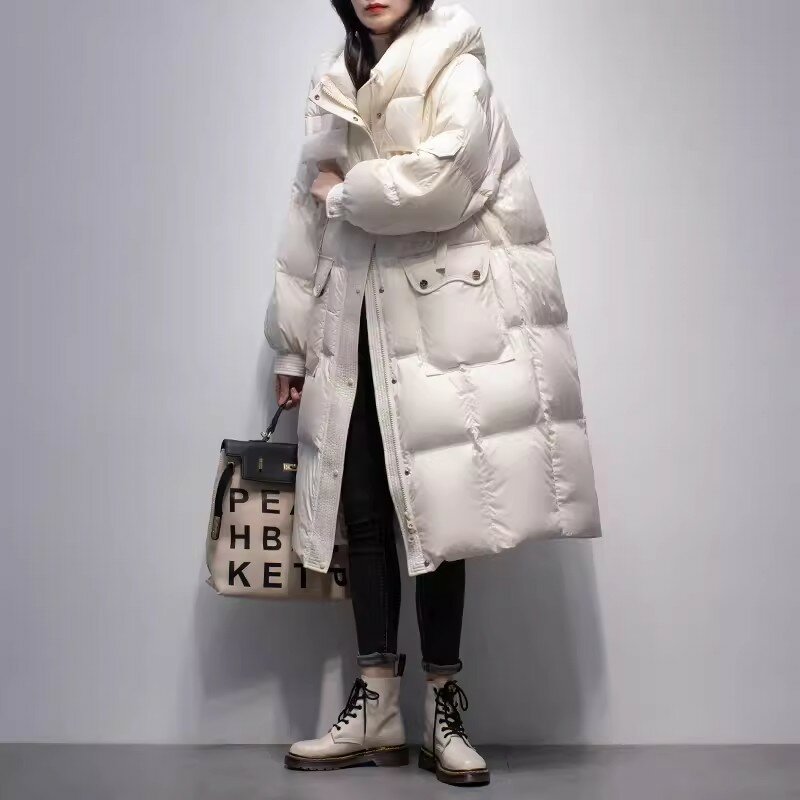 여성용 블랙 다운 재킷, 한국 화이트 덕 다운 후드 코트, 따뜻하고 두꺼운 롱 파카, 섭씨 영하, 2023 겨울 신상