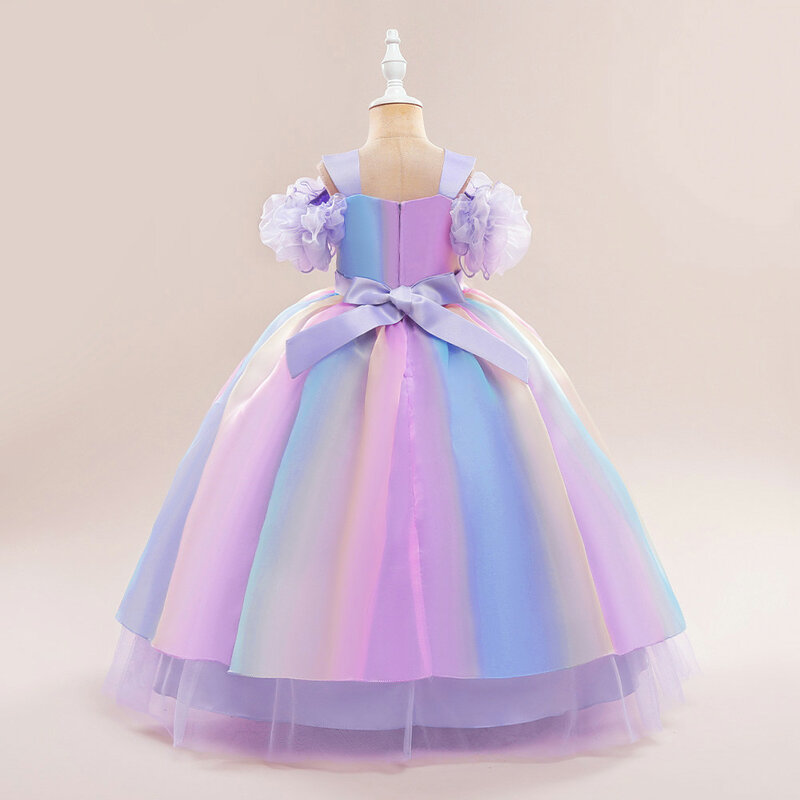 Rainbow Flower Girls Wedding Bridesmaid Party Dresses Kids Colorful Puffy Mesh Ball Gown Short Sleeve Bow Knot Belt For Children