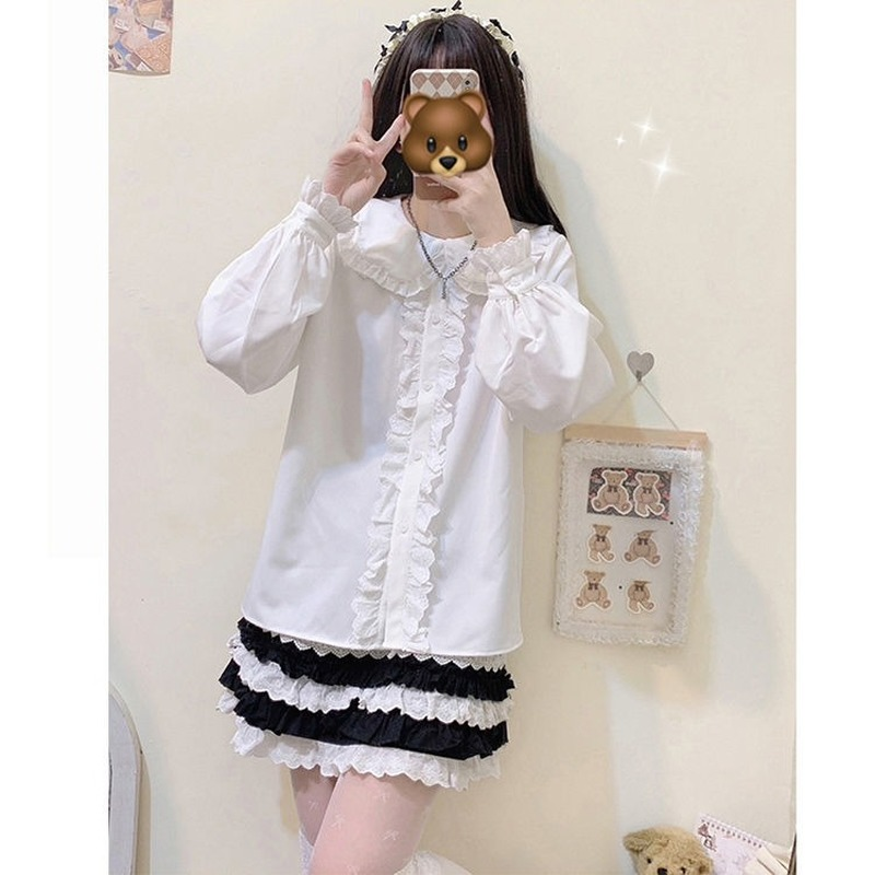QWEEK Kawaii koszule Harajuku damskie bluzki japoński styl Lolita Bunny uszy koronki słodkie miękkie dziewczyny białe luźne bluzki z długim rękawem