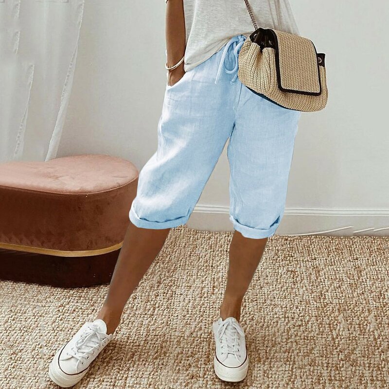 Letnie damskie bawełniane lniane spodnie do kolan modne solidne duże kieszenie elastyczne spodnie na co dzień wysokiej talii kobiece spodnie Streetwear