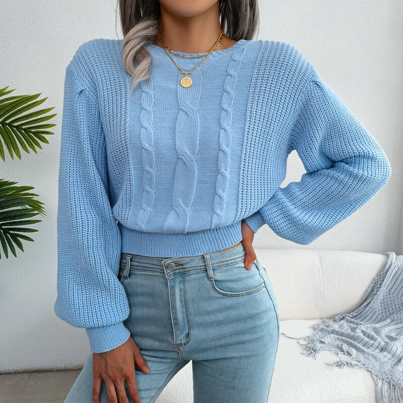 Women's Round Neck Long Sleeve Cable Knit Pullover Sweater Casual Ribbed Chunky Loose Jumper Tops Solid Color Short Sweaters