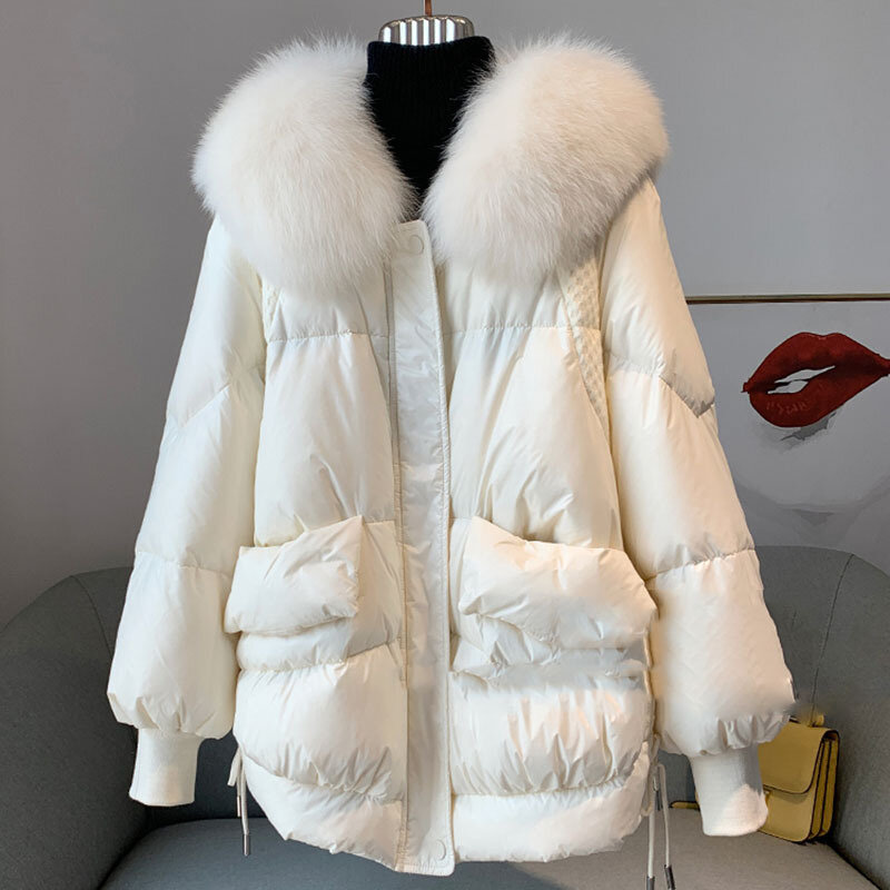Zimowe nowe biała kurtka puchowa dla kobiet z dużym futrzanym kołnierzem ciepło luźno dopasowane białe płaszcz z kaczego puchu parki damskie