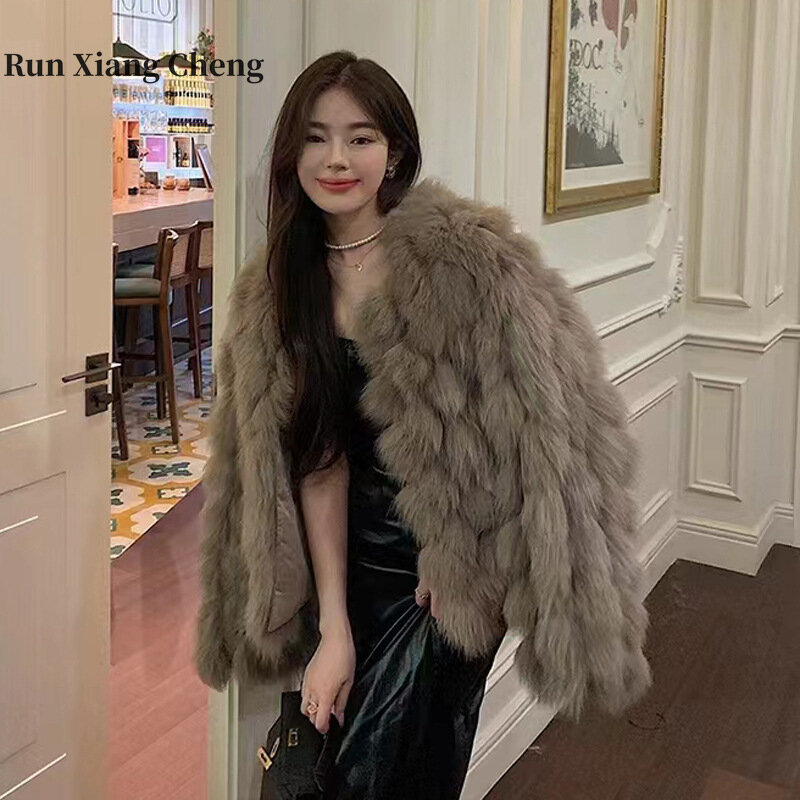 RUN XIANG CHENG 2023 Winter Faux Fox Fur Grass Coat Women's Short Fit Young Mink Fur Raccoon Fur Coat  Free Shipping White Khaki
