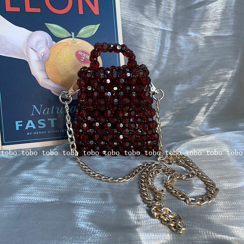 Mini bolso de hombro con cadena de perlas para mujer, bolsos cruzados de diseñador, caja de cuentas de piedra acrílica transparente, bolso de mano, monedero pequeño tejido, nuevo