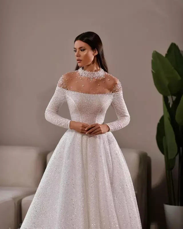 Elegant wedding dress custom train gown De Mariee Vestidos De Novia with beads and pearls o neckline glitter lace bridal gown