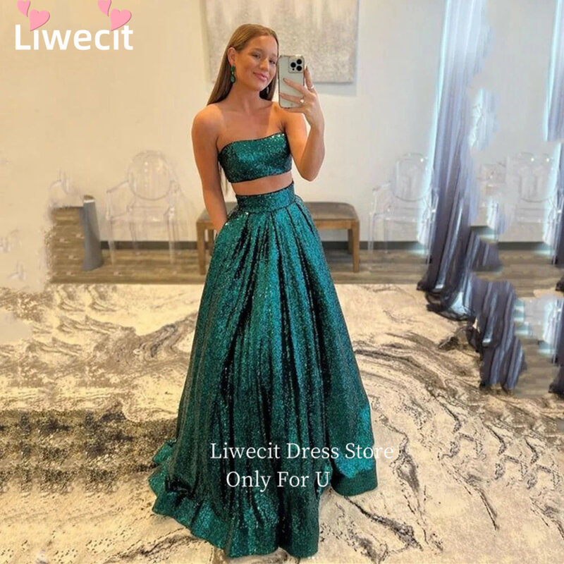 Liwecit-vestido de noche de dos piezas con lentejuelas brillantes, sin tirantes, largo hasta el suelo, sin mangas
