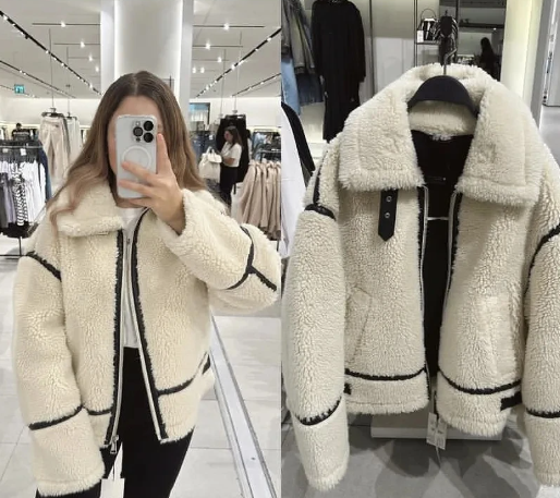 Jaqueta feminina solta e versátil de lã de cordeiro, casaco emendado, nova moda, outono e inverno, 2024