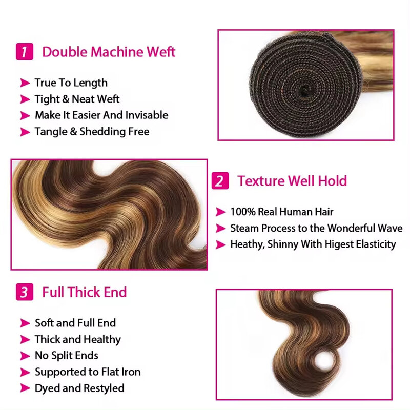 Linhua Highlight Body Wave Human Hair Bundles 8 to 30 Inch 1 3 4 Bundle Highlight Ombre Brown Honey Blonde Human Hair Weave Weft
