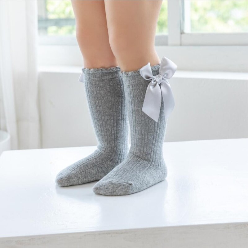 ถุงเท้ายาวถึงเข่าสีสันสดใสสำหรับเด็กผู้หญิงถุงเท้าผูกโบว์ถักผ้าฝ้ายสำหรับ0-3ปี