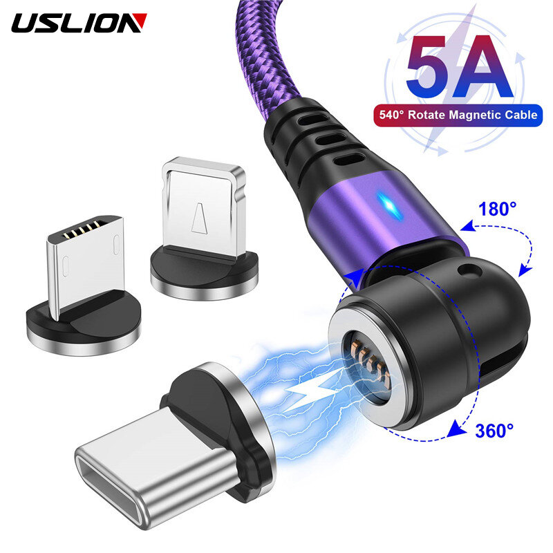 USLION 540 Drehen 5A Magnetische Kabel Schnelle Lade Micro USB Typ C Kabel Für iPhone Xiaomi Magnet Ladegerät Draht Kabel USB Kabel