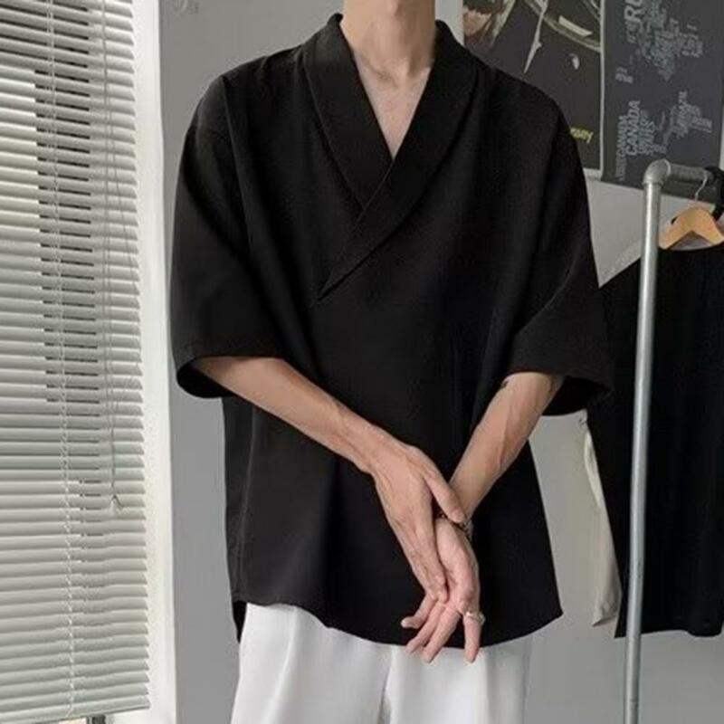 Slouchy Style Men Top Loose Baggy V Neck Men's Summer Shirt in Soft Solid Color Hip Hop Style Half Sleeves Pullover for Hair
