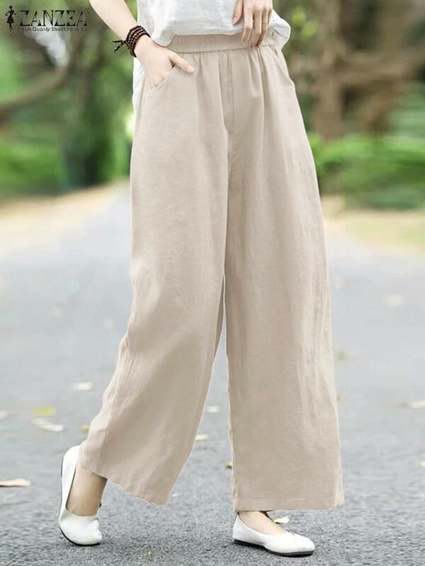 Zanzea-Calça solta de perna larga feminina, casual, elástico na cintura, calça de algodão, monocromática, verão, 2022