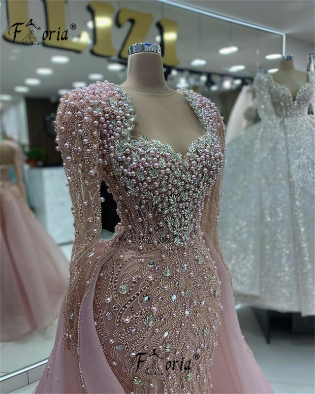 Gaun malam Formal merah muda kristal mutiara berat penuh jubah pesta pernikahan manik-manik Dubai berlian
