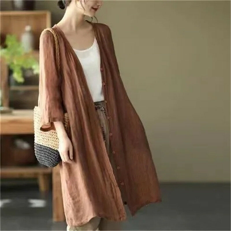 Cotton And Linen Medium Length Cardigan Coat Sun Protection Women's Jacket 2024 Summer New Retro Loose Air Conditioned Shir