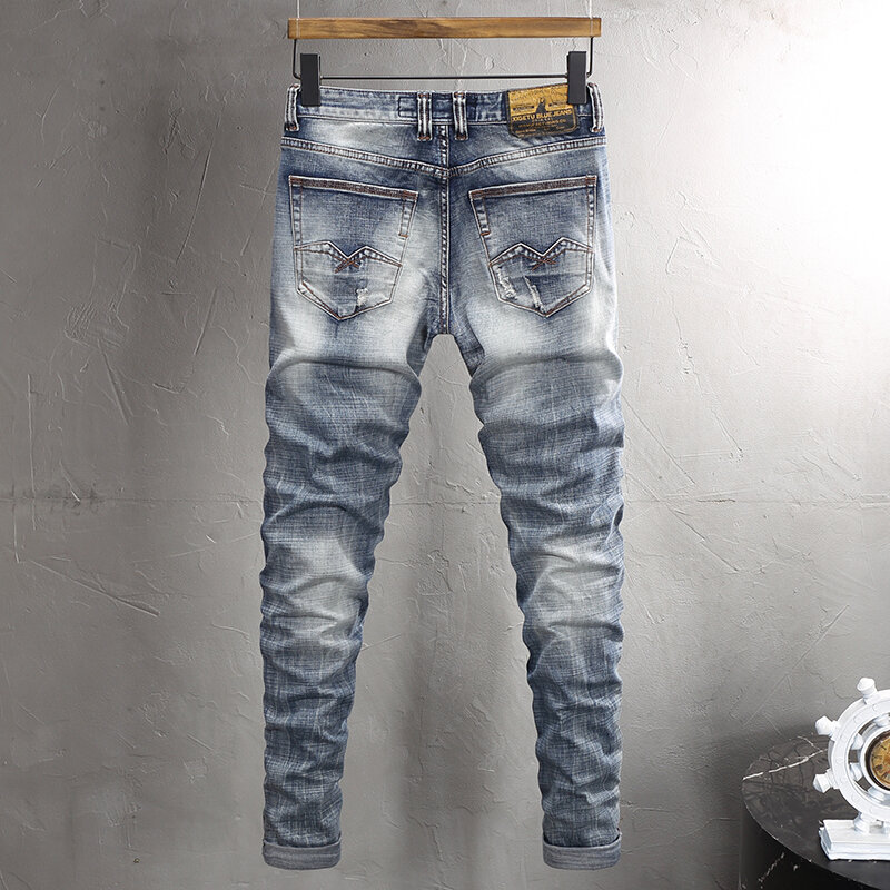 Italian Style Fashion Men Jeans High Quality Retro Washed Blue Elastic Slim Fit Ripped Jeans Men Vintage Designer Denim Pants