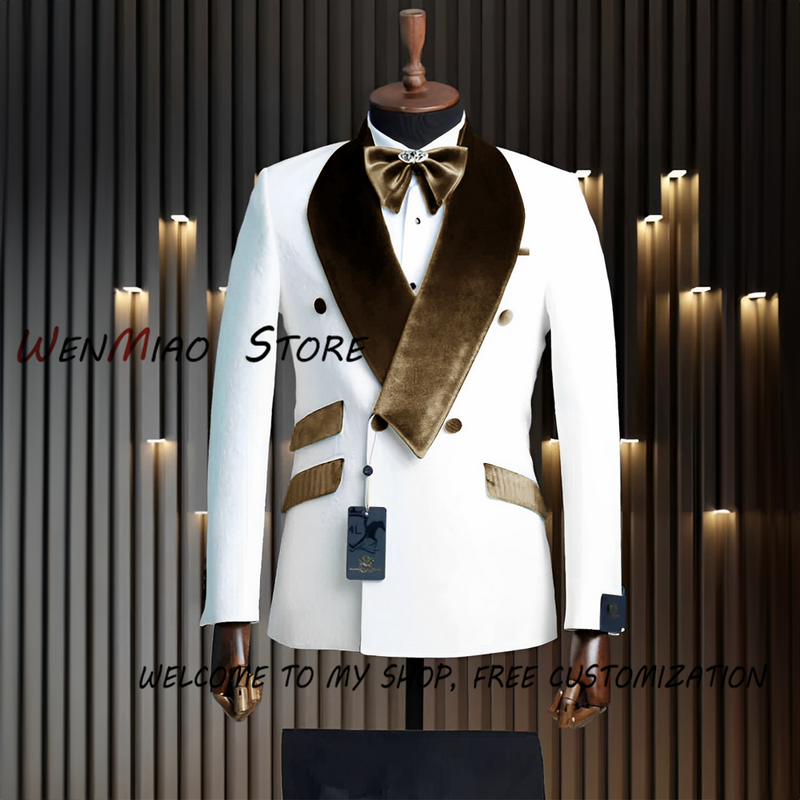Traje de doble botonadura hecho para hombre, traje de boda Jacquard blanco de 2 piezas, esmoquin ajustado para novio, traje elegante 2023