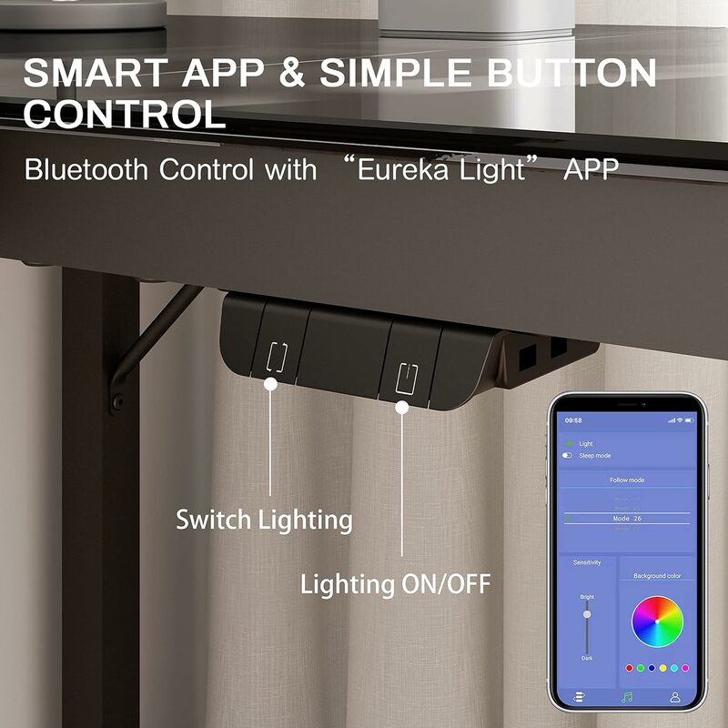 EUREKA ERGONOMIC-Music Sensing RGB LED Lights Glass Gaming Desk, 60 Inch L Shaped Reversible Top, Home Office