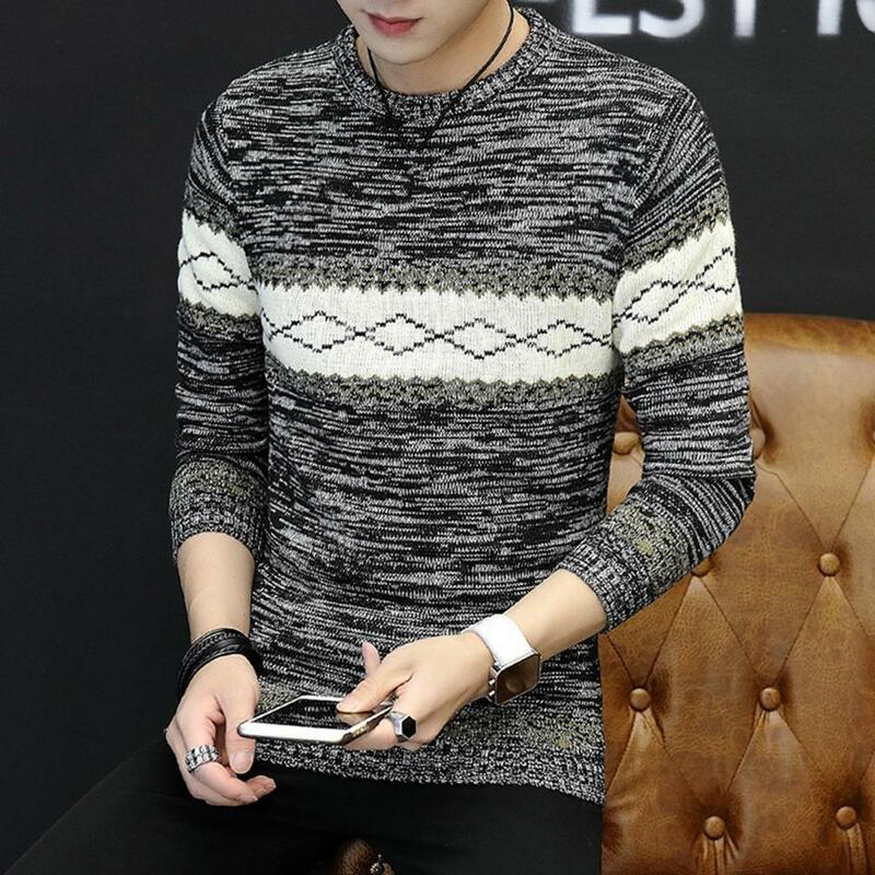 Winter Knitted Sweater Geometric Print Ethnic Style Men's Sweater Warm Slim Fit Knitted Pullover for Fall/winter Men Slim Fit