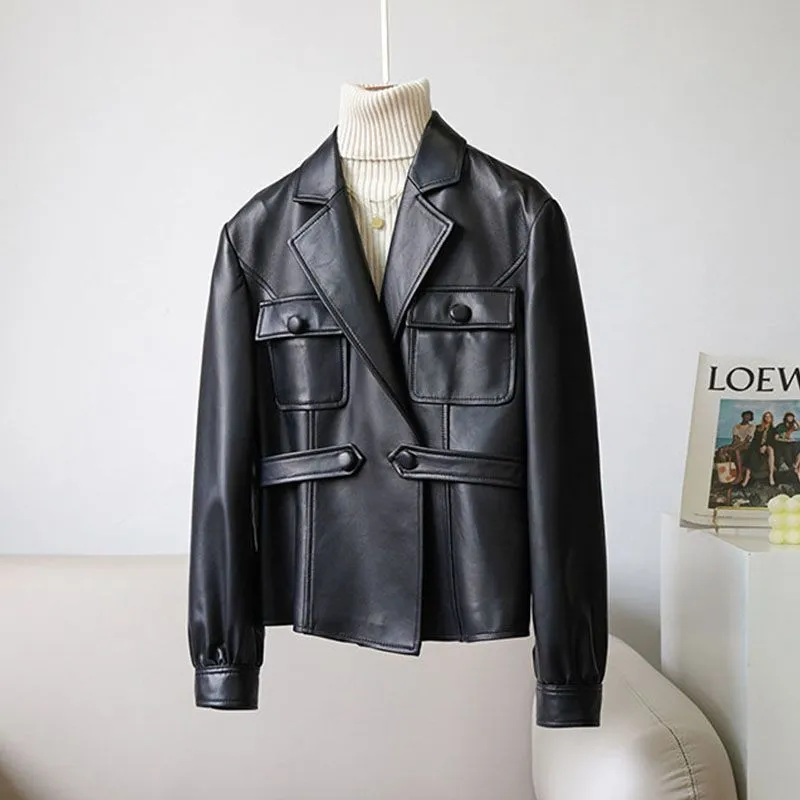 Spring Autumn Short Leather Blazer Coat Women 2024 New Fashion Loose PU Leather Jacket Pure Colour Black White Outerwear Female