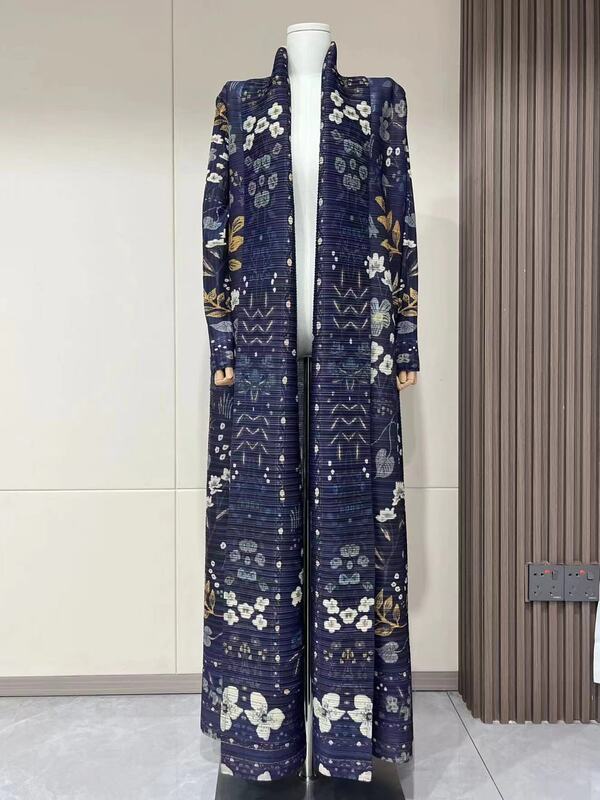 Miyake-Vestido de cardigã plissado feminino, gola aberta, manga comprida, designer original, casaco estampado vintage, moda Abaya, novo, 2024