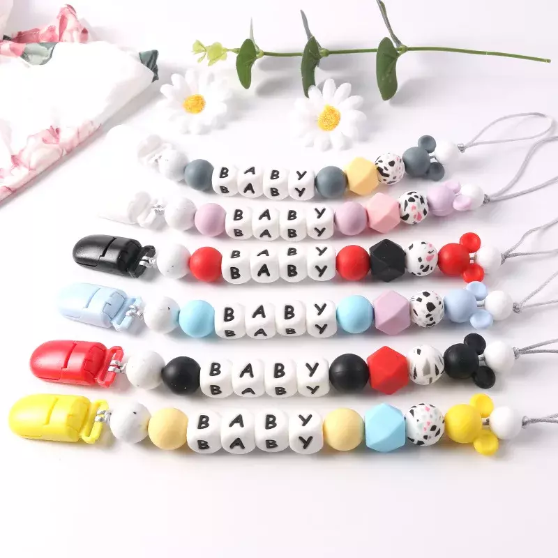 Clips de chupete de bebé con nombre personalizado, mordedor de dibujos animados, soporte para pezones, cadena de silicona, juguetes de dentición para recién nacidos, accesorios